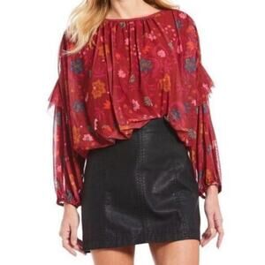 FREE PEOPLE Floral Mesh Peasant Blouse | Large | Ruffle Shoulder Detail | Boho